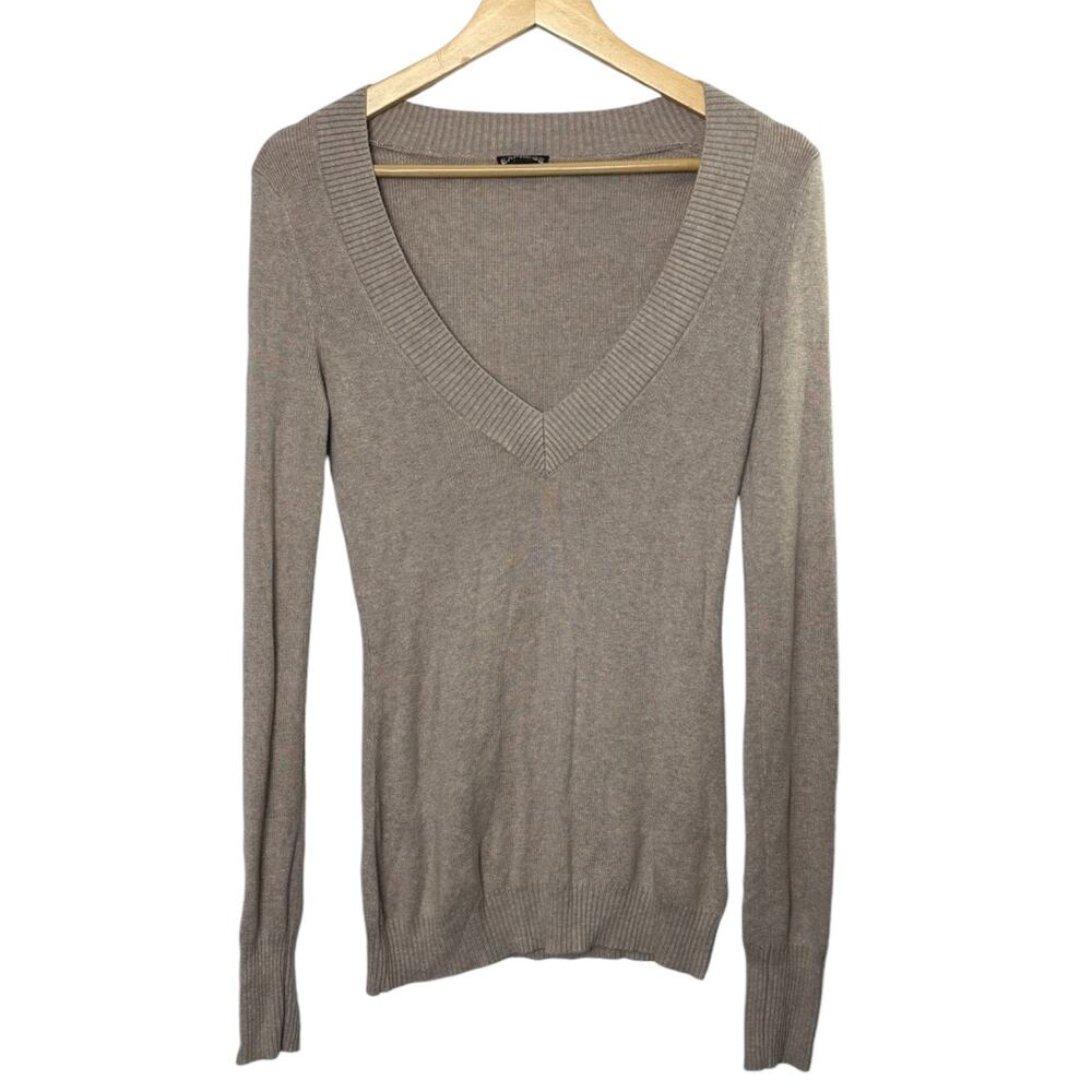 Express Tan Lightweight Ribbed Deep V-Neckline Sweater Women's Medium